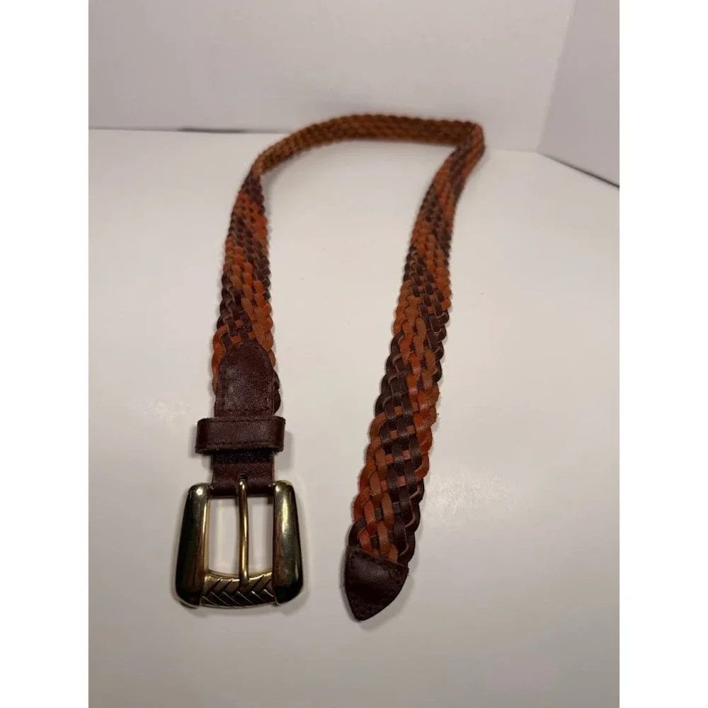Chic Vintage Mens Braided Leather Belt Brown Gold Etched Buckle‎ Size Large Prep